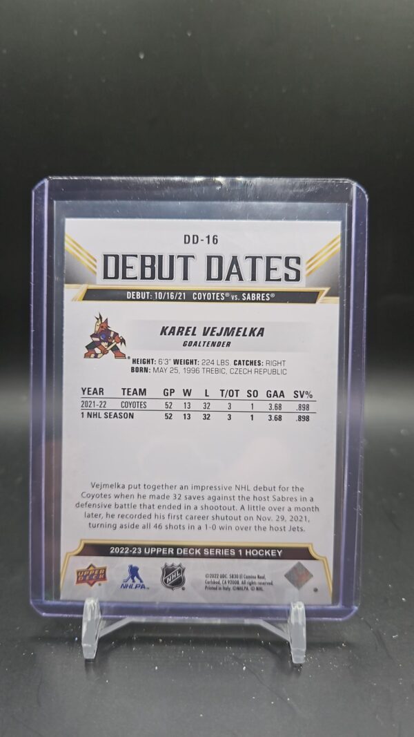 Karel Vejmelka 2022-23 UD Debut Dates #DD-16 Arizona Coyotes - Image 2