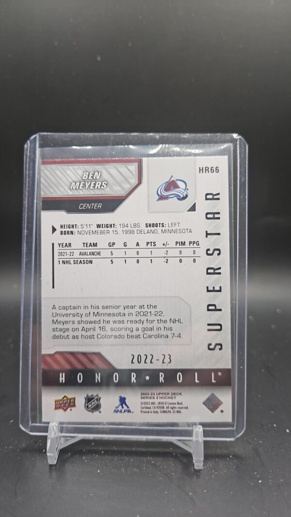 2022-23 UD Series 2 Superstar Honor Roll HR66 Ben Meyers - Colorado Avalanche - Image 2