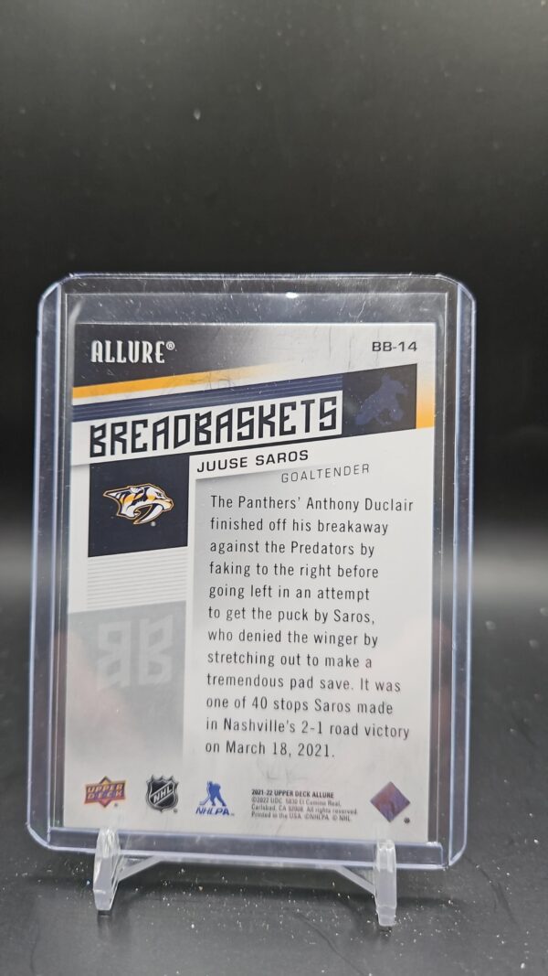 Juuse Saros 2021-22 Upper Deck Allure Breadbaskets #BB-14 NHL Card Nashville - Image 2