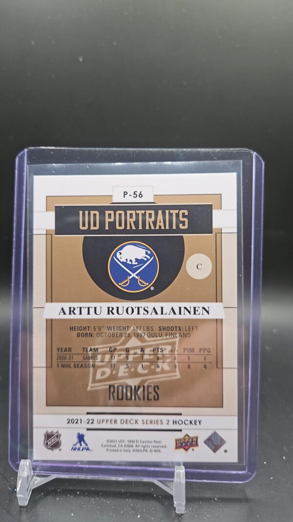 2021-22 UD Rookie Portraits P-56 Artu Ruotsalainen Buffalo Sabres - Image 2