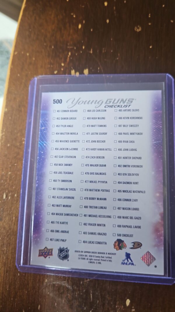 2023-24 UD Series 2 Connor Bedard Leo Carlsson Young Guns Checklist RC card #500 - Image 2