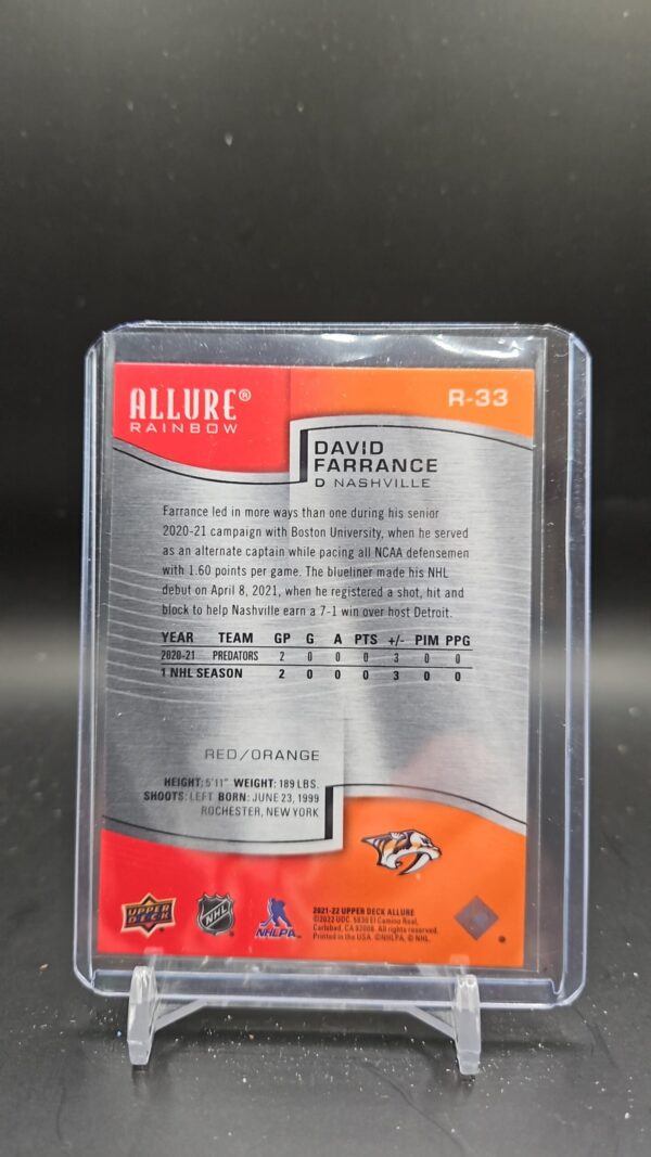 2021-22 Upper Deck Allure Rainbow Red/Orange David Farrance #R-33 Rookie - Image 2