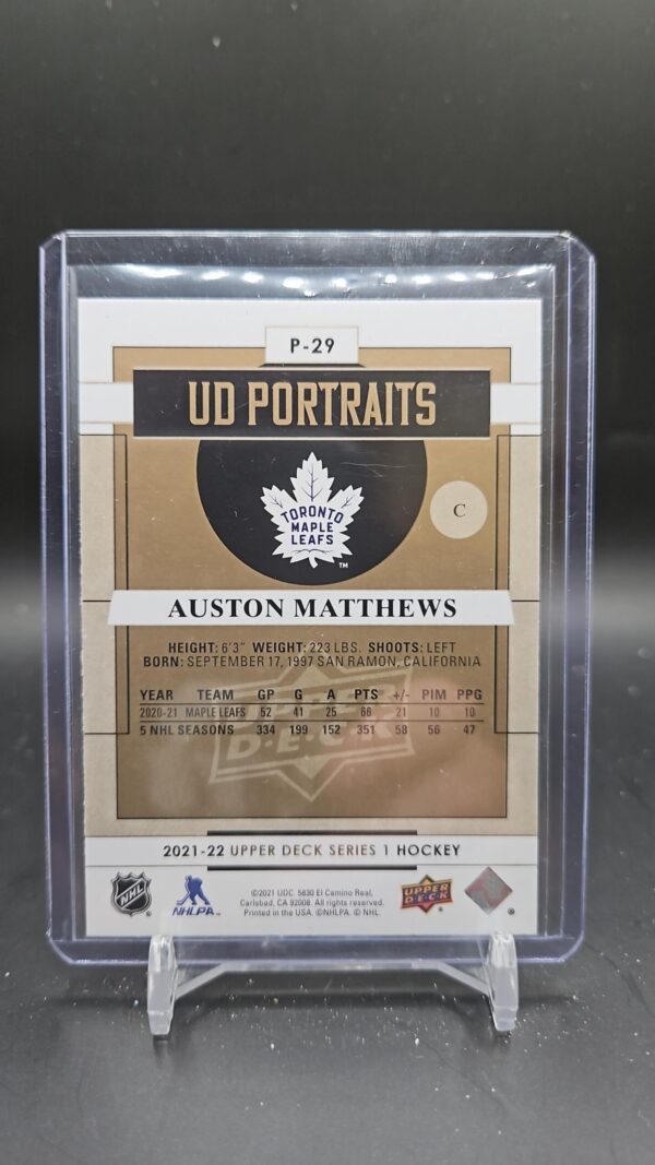 2021-22 Upper Deck Series 1 UD Portraits Auston Matthews #P-29 Toronto Leafs - Image 2