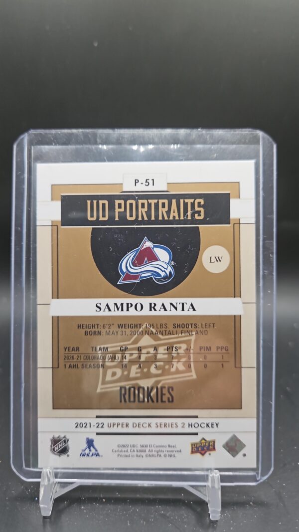 2021-22 Upper Deck UD Portraits Sampo Ranta Rookie Colorado#P-51 - Image 2