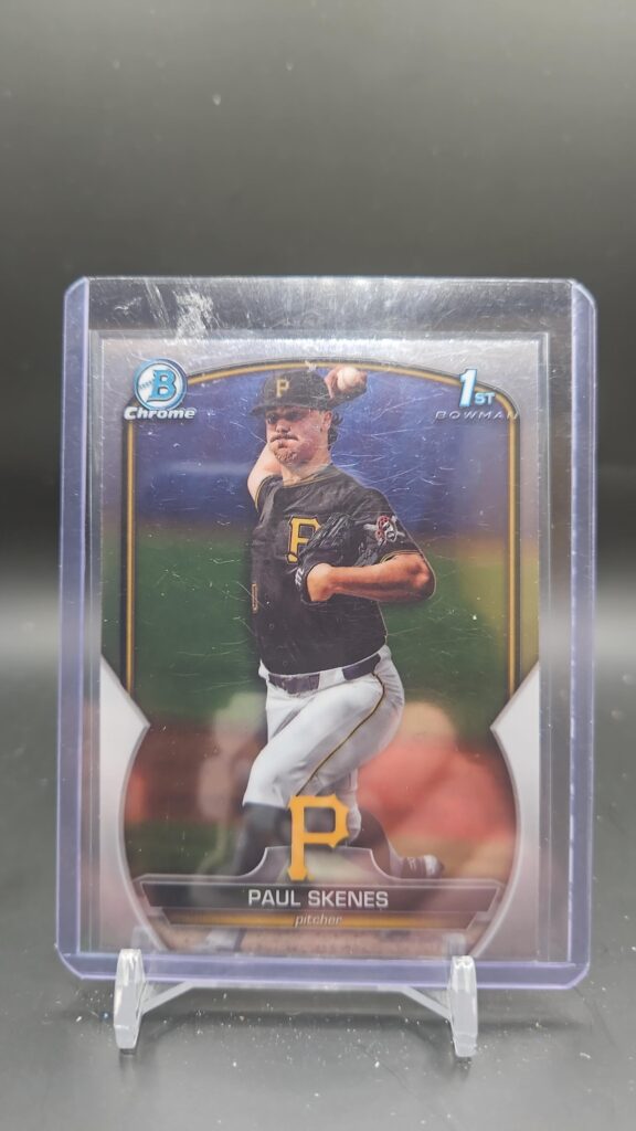 2023 1st Bowman Draft Chrome Paul Skenes Prospect RC #BDC-14 rookie card featuring the Pittsburgh Pirates top pitching prospect, base Chrome design, and high collector appeal.