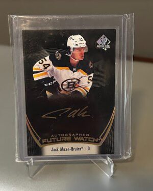 2021-22 SP Authentic Future Watch Black Autograph rookie card featuring Jack Ahcan of the Boston Bruins, a premium hard-signed rookie card highly sought after by NHL collectors.
