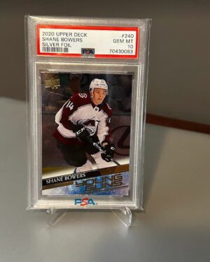 2020-21 Upper Deck Young Guns Silver Foil Shane Bowers rookie card #215, PSA 10 GEM MINT, Colorado Avalanche, rare parallel, hockey collectible