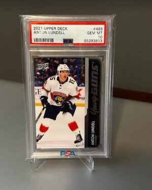 2021-22 Upper Deck Series 2 Young Guns Anton Lundell #489 rookie card, PSA 10 graded, featuring Florida Panthers forward and iconic Young Guns design, perfect for collectors.