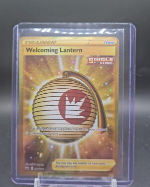 Pokémon TCG Welcoming Lantern 230/198 Chilling Reign Secret Rare gold trainer card displayed in near mint condition, showcasing gold secret rare design and holographic finish for collectors.