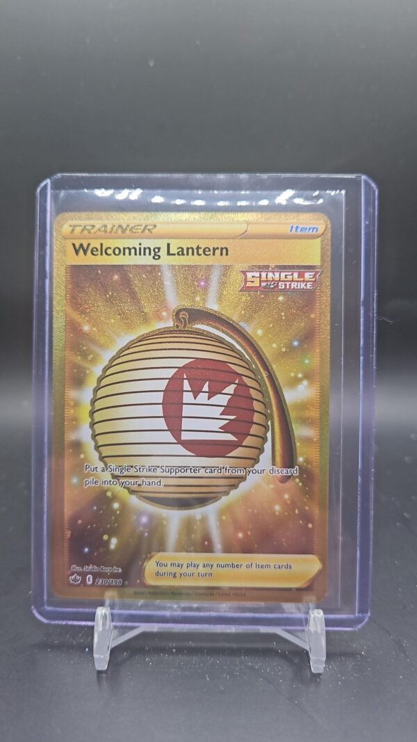 Pokémon TCG Welcoming Lantern 230/198 Chilling Reign Secret Rare gold trainer card displayed in near mint condition, showcasing gold secret rare design and holographic finish for collectors.