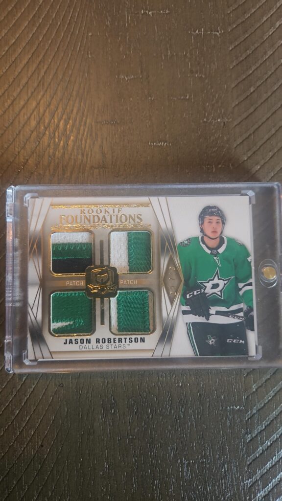 Front view of 2020-21 The Cup Rookie Foundations 07/10 Jason Robertson #F-JR hockey card, ultra rare and low-numbered