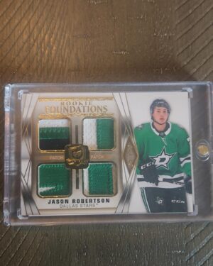 Front view of 2020-21 The Cup Rookie Foundations 07/10 Jason Robertson #F-JR hockey card, ultra rare and low-numbered