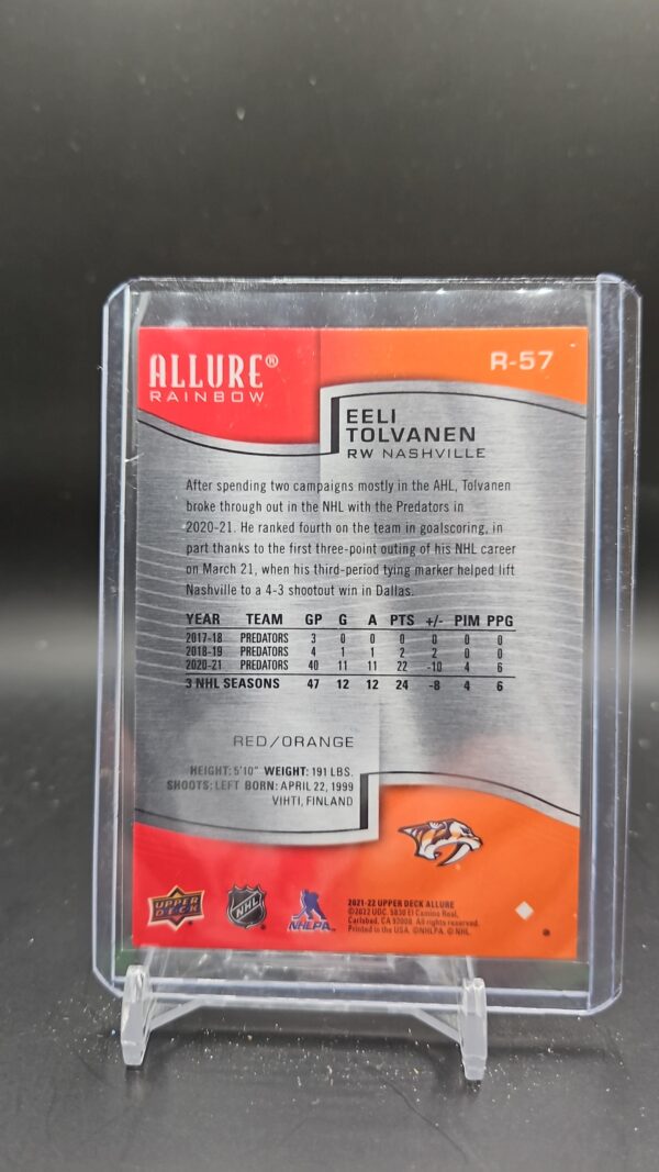 2021-22 Upper Deck Allure Red/Orange Rainbow Eeli Tolvanen Predators A-156 - Image 2