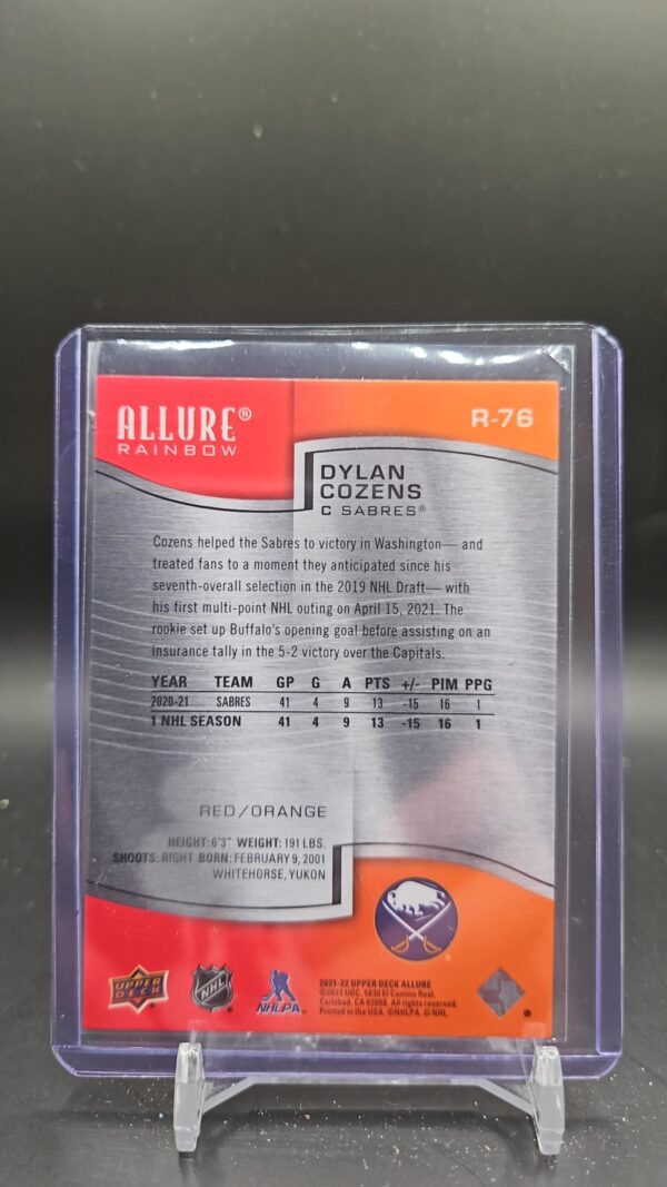 2021-22 UD ALLURE SABRES DYLAN COZENS RED ORANGE RAINBOW PARALLEL #R-76 - Image 2