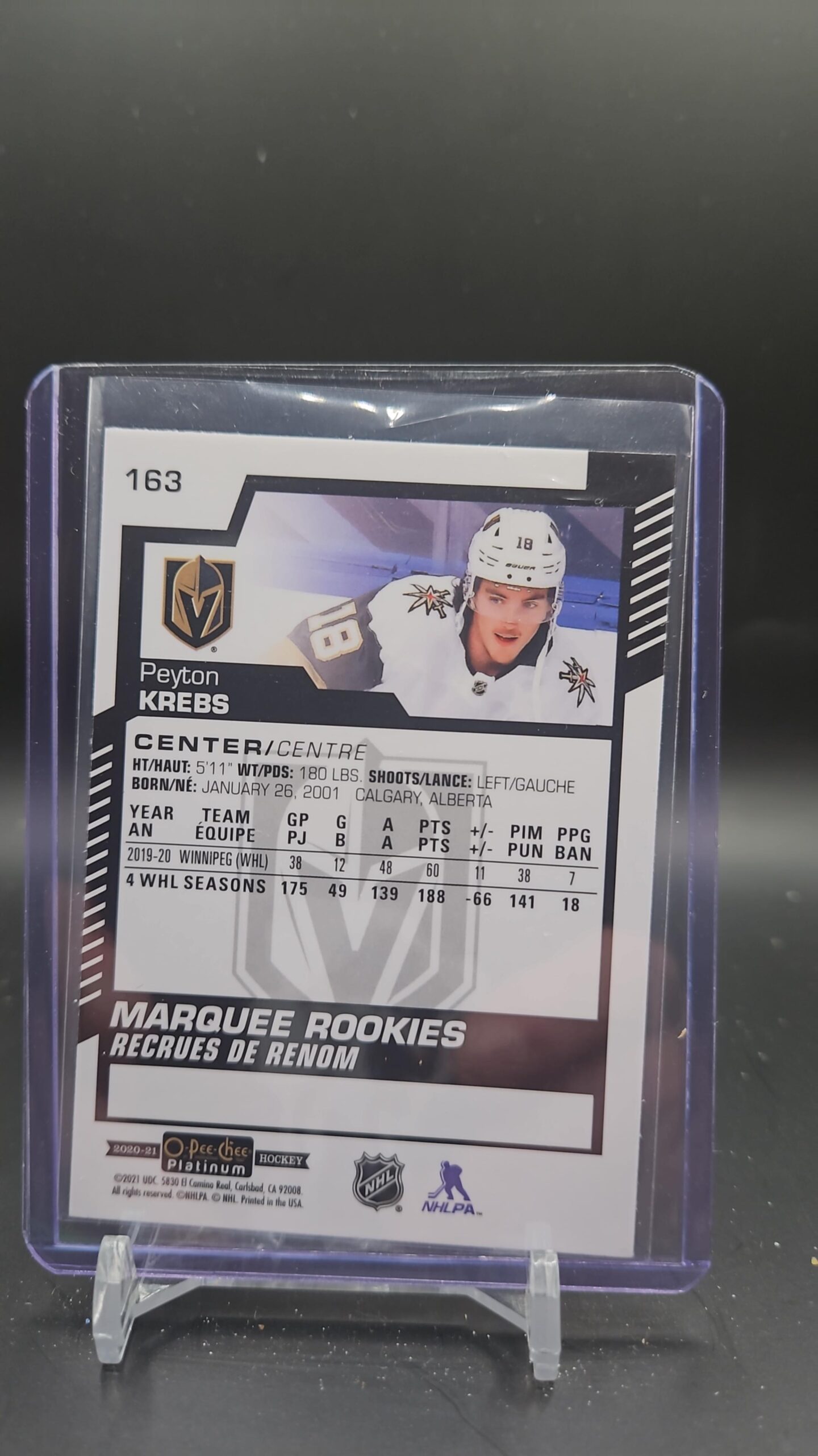 2020-21 OPC Platinum Marquee Rookies Peyton Krebs #163 Vegas Golden Knights - Image 2