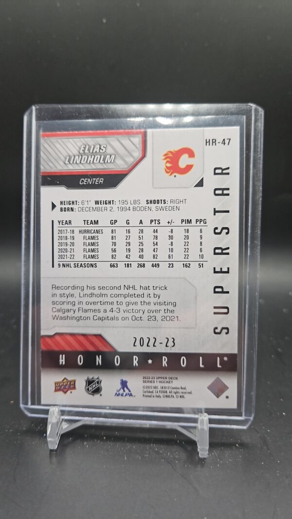 2022-23 Upper Deck UD Series 1 Superstar Honor Roll HR-47 Elias Lindholm - Image 2