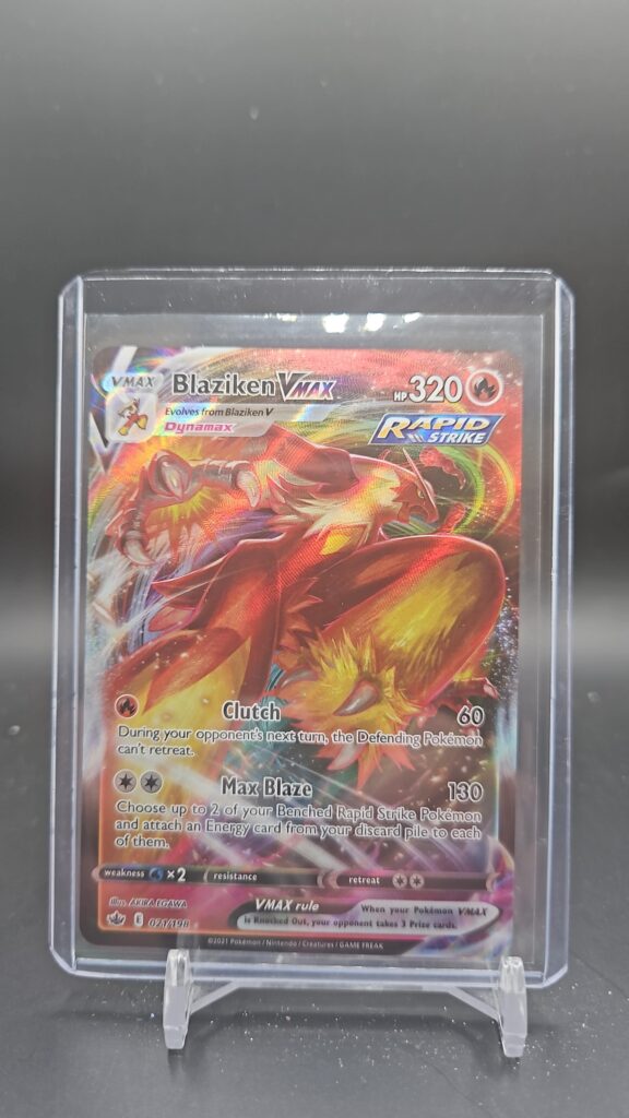 Pokémon TCG Blaziken VMAX 021/198 Chilling Reign Holo Ultra Rare card displayed in near mint condition, showcasing detailed VMAX illustration and holographic finish for collectors.