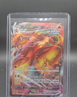 Pokémon TCG Blaziken VMAX 021/198 Chilling Reign Holo Ultra Rare card displayed in near mint condition, showcasing detailed VMAX illustration and holographic finish for collectors.