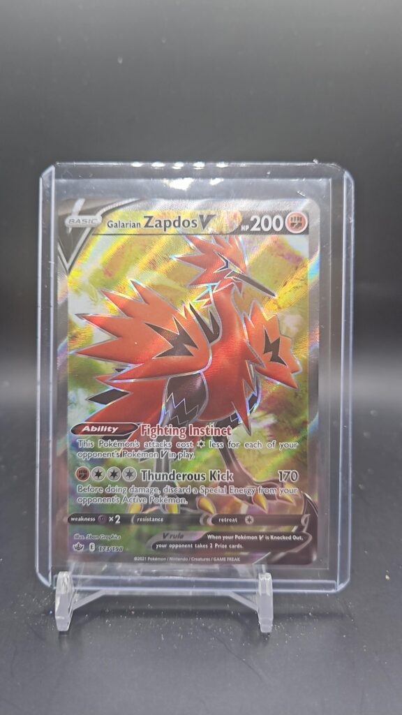 Pokémon TCG Galarian Zapdos V 173/198 Chilling Reign Sword & Shield Full Art card displayed in near mint condition, showcasing full-art design and holographic finish for collectors.