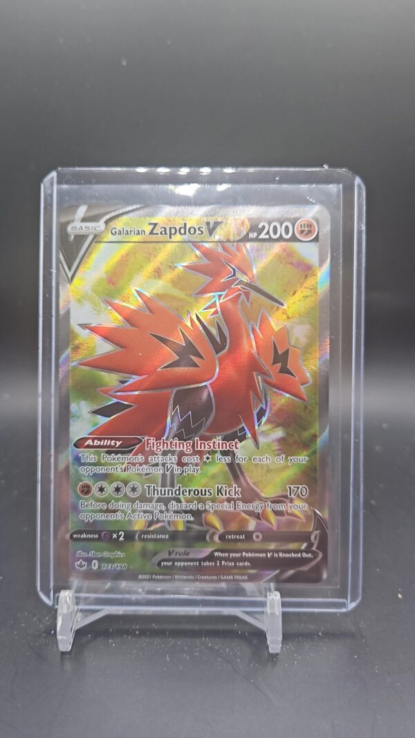 Pokémon TCG Galarian Zapdos V 173/198 Chilling Reign Sword & Shield Full Art card displayed in near mint condition, showcasing full-art design and holographic finish for collectors.