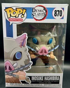 Funko Pop! Demon Slayer Inosuke Hashibira #870 vinyl figure in protector, featuring the wild Demon Slayer with boar mask, perfect for anime collectors.