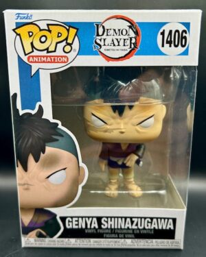 Funko Pop! Demon Slayer Genya Shinazugawa #1406 vinyl figure in protector, featuring the fierce Demon Slayer Corps member, perfect for anime collectors.