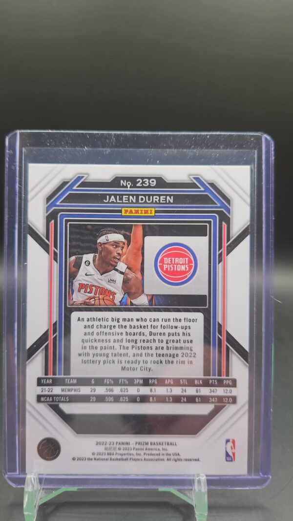 Jalen Duren 2022-23 Panini Prizm Rookie Base RC #239 Detroit Pistons - Image 2
