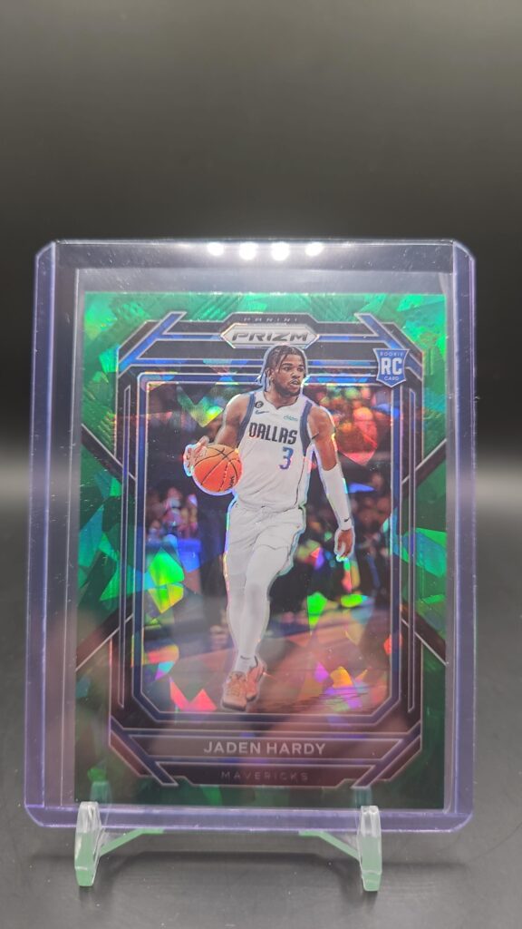 2022-23 Panini Prizm Green Cracked Ice Prizm rookie card featuring Jaden Hardy of the Dallas Mavericks, a vibrant and highly collectible NBA parallel sought after by rookie card collectors.