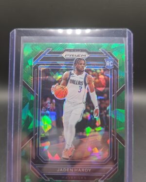2022-23 Panini Prizm Green Cracked Ice Prizm rookie card featuring Jaden Hardy of the Dallas Mavericks, a vibrant and highly collectible NBA parallel sought after by rookie card collectors.