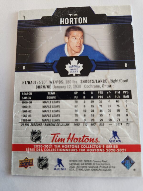 2020-2021 TIM HORTON BASE CARD #1 Toronto Maple Leafs - Image 2