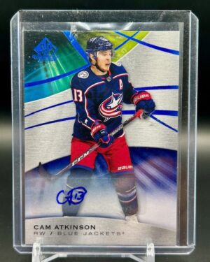 2019-20 Upper Deck SP Game Used Cam Atkinson Auto #85 card featuring Columbus Blue Jackets forward, on-card autograph, and premium SPGU design.