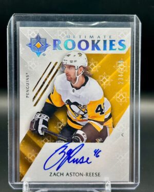 2018-19 Upper Deck Ultimate Zach Aston-Reese Rookie Auto 234/299 card featuring Pittsburgh Penguins forward, on-card autograph, and limited edition design.