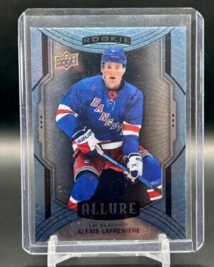 2020-21 Upper Deck Allure Alexis Lafreniere #150 rookie card featuring New York Rangers forward, premium chromium finish, and high collector appeal.