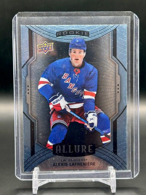 2020-21 Upper Deck Allure Alexis Lafreniere #150 rookie card featuring New York Rangers forward, premium chromium finish, and high collector appeal.