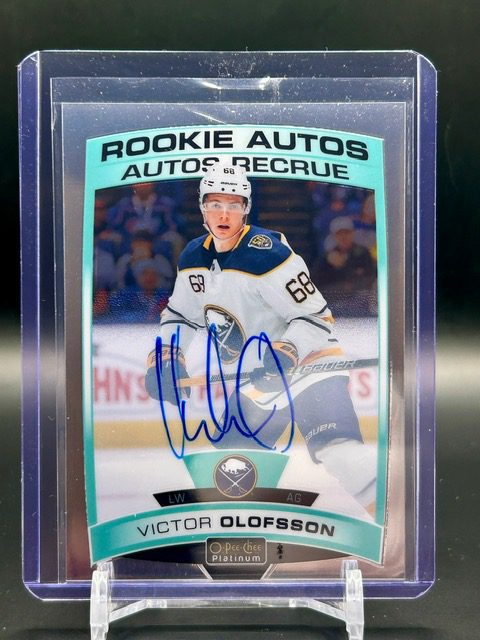 2019-20 O-Pee-Chee Platinum Victor Olofsson Rookie Autos #R-VO card featuring Buffalo Sabres winger, on-card autograph, and premium chromium finish.