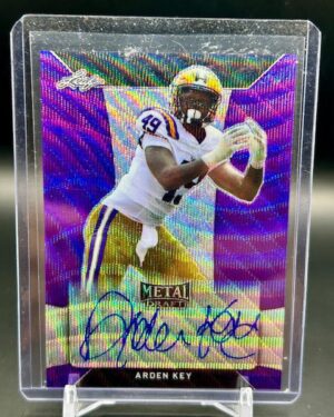 2018 Leaf Metal Draft Arden Key Auto 3/15 #BA-AK1 rookie autograph card, featuring a bold on-card signature, rare blue parallel finish, and serial number 3 out of 15, from the popular Leaf Metal Draft football set.