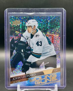 2020-21 Upper Deck Series 2 John Leonard Young Guns Speckled Foil #474 rookie card featuring San Jose Sharks forward, rare foil parallel, and iconic Young Guns design