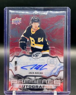 2021-22 Upper Deck Ice Jack Ahcan Premiers Autographs 122/199 #IPA-JA rookie card, featuring a bold on-card autograph, serial numbering, and Mint condition—ideal for Boston Bruins and NHL collectors.