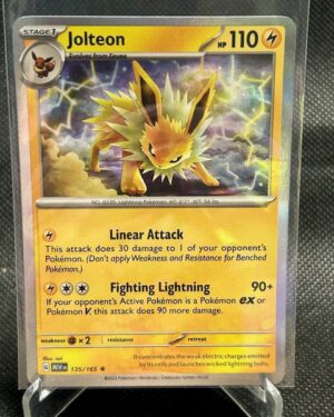 Jolteon 135/165 from Scarlet & Violet 151, Holo Rare English Pokémon card, near mint condition, with vibrant holo artwork and collector appeal