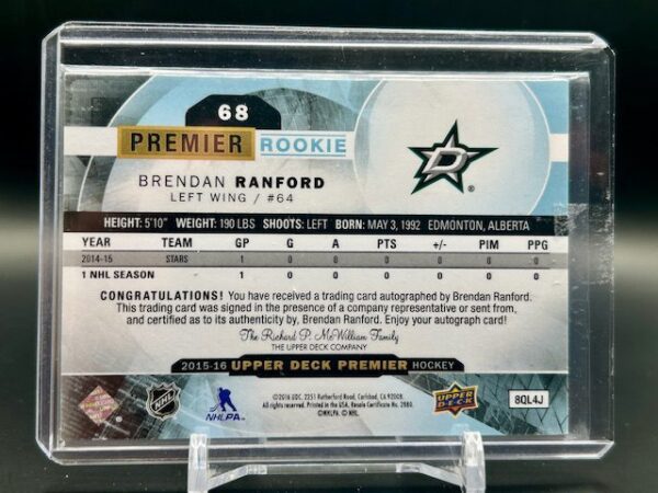 UD 2015-16 Premier Brendan Ranford Rookie Auto 49/65 - Image 2