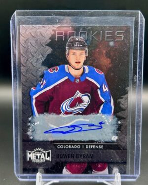 2020-21 Skybox Metal Universe Rookie Autograph card #65 featuring Bowen Byram of the Colorado Avalanche, serial numbered to 99, a premium hard-signed rookie card highly sought after by NHL collectors.