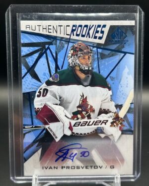 Ivan Prosvetov’s autographed rookie card from the 2021-22 SP Game Used Authentic Rookies series, card number 164