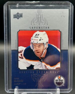 2021-22 Upper Deck Series 1 Honor Roll Connor McDavid #HR-18 hockey card featuring McDavid in Edmonton Oilers uniform