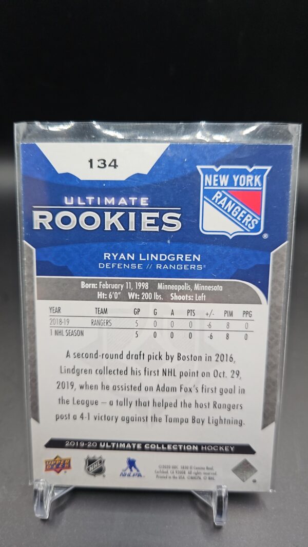 2019 Upper Deck Ultimate Collection Rookies /299 Ryan Lindgren Tier 1 Rookie RC - Image 2