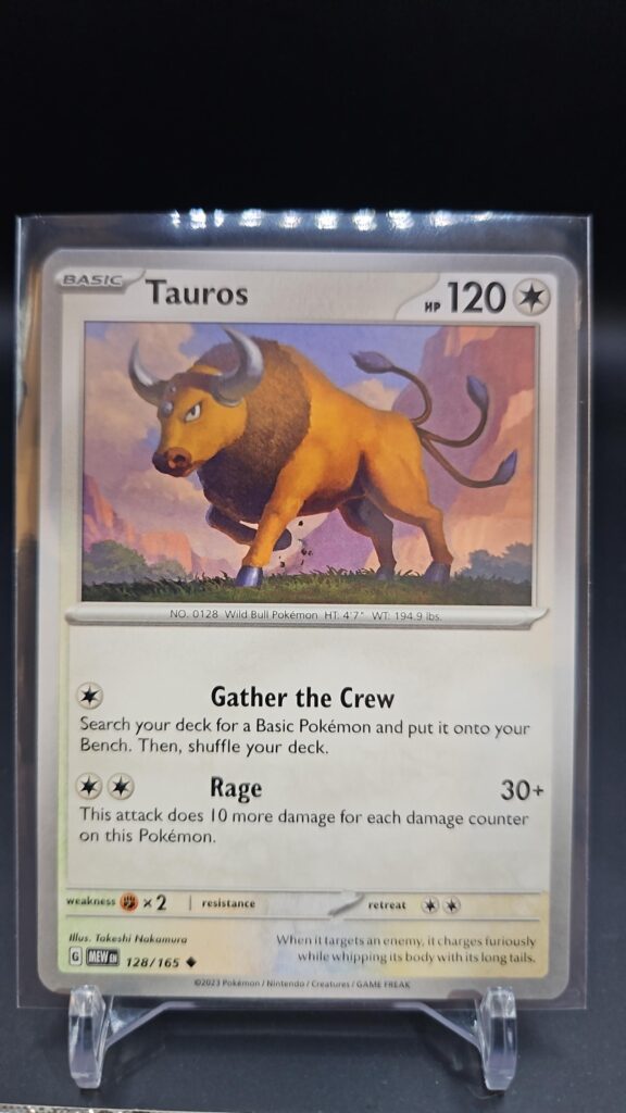 Standard non-holo Tauros card from the Pokémon Scarlet and Violet 151 trading card game expansion set showing a silver border, Colorless-type icon, 130 HP, Raging Horns attack, and Take Down attack.