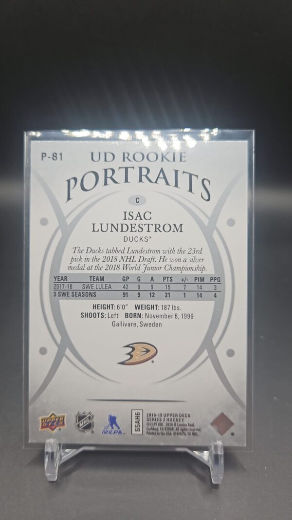 2018-19 Upper Deck UD Portraits - ISAC LUNDESTROM #P81 Anaheim Ducks Rookie - Image 2