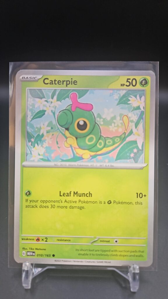 Front face of Caterpie 010/165 Common card from the English Pokémon Scarlet & Violet 151 base set