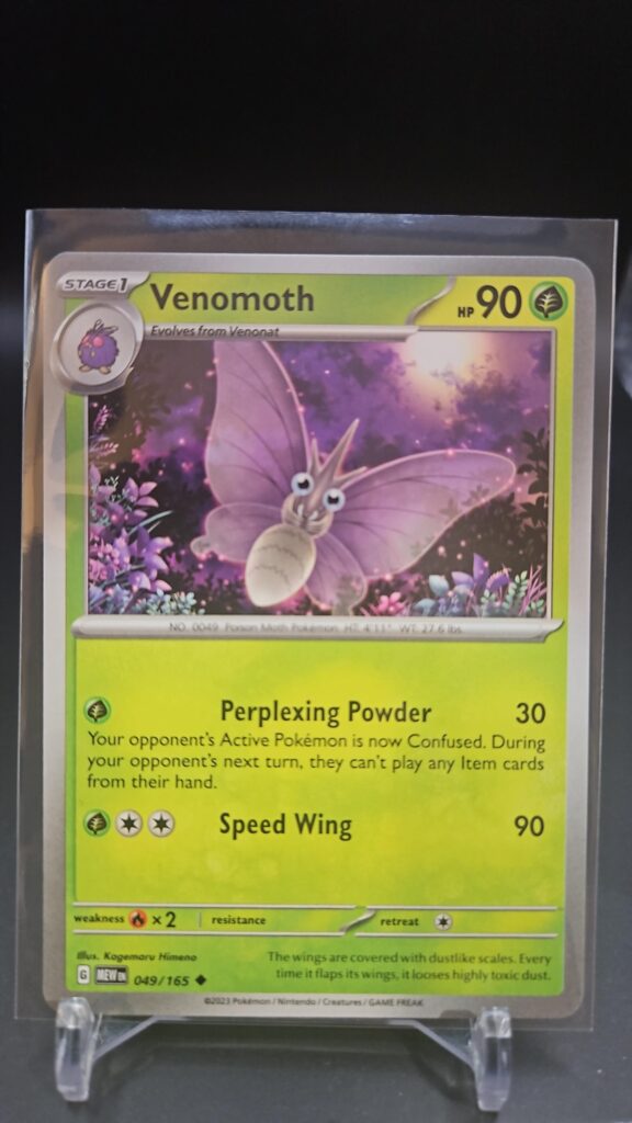 Venomoth 049/165 from Scarlet & Violet 151, English Pokémon card, uncommon rarity, featuring detailed artwork and collector appeal