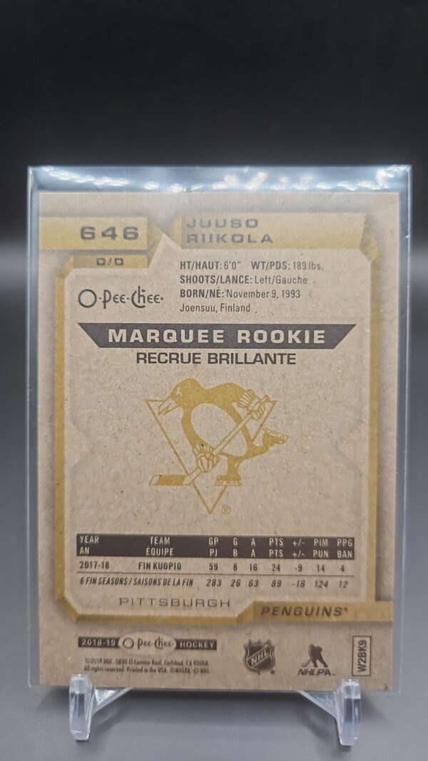 2018 18-19 OPC O-PEE-CHEE UPDATE MARQUEE ROOKIE PENGUINS JUUSO RIIKOLA #646 - Image 2