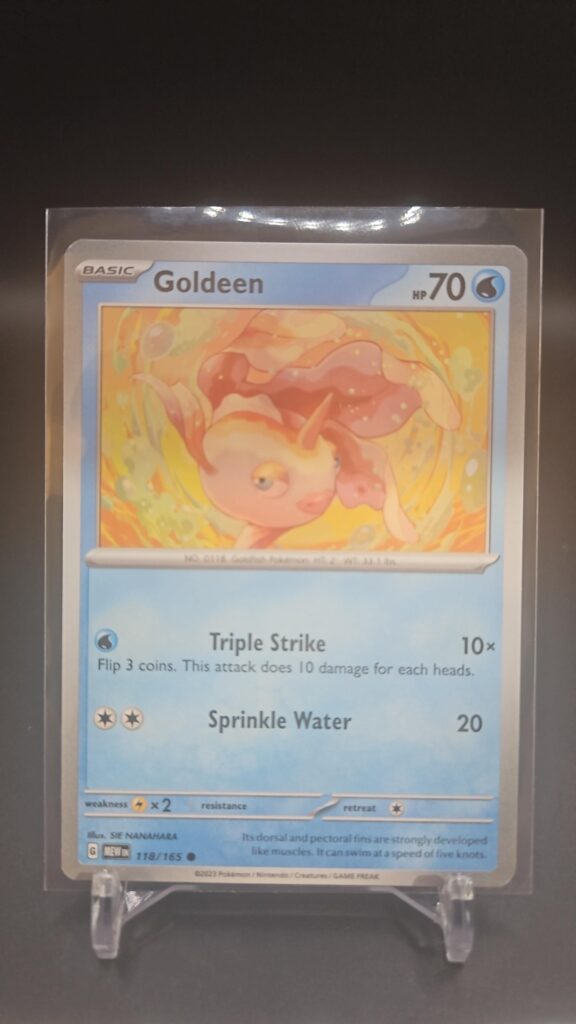 Goldeen 118/165 from Scarlet & Violet 151, English Pokémon card, common rarity, featuring colorful artwork and collector appeal